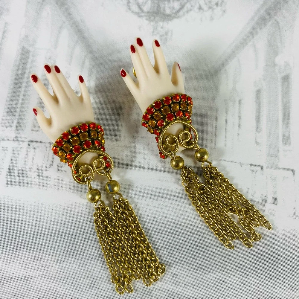 Artisan Red and Gold Hand Earrings OOAK handmade.